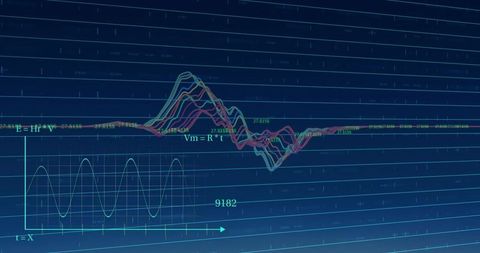 Multicolor data visualization with sinusoidal waveform, trend lines and analytics dashboard grid