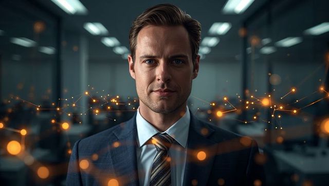 Executive leading digital network in modern office corporate leadership cinematic portrait
