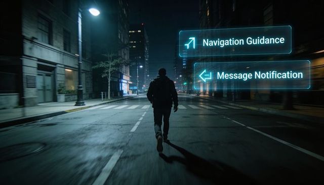 Walking man following holographic navigation and message panels in empty city night
