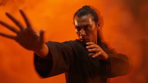 Martial Artist in Dynamic Defense with Intense Focus