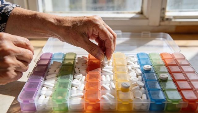 Senior hands organizing daily pills in colorful weekly pill organizer by sunny window