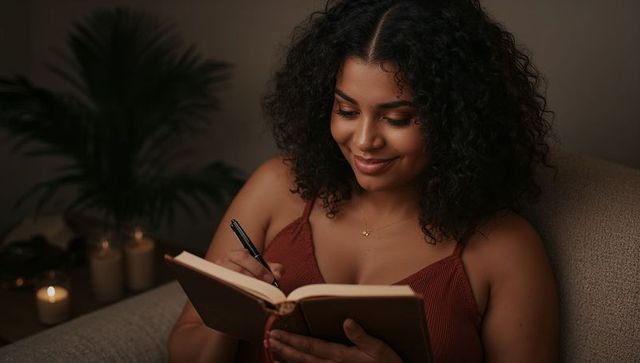Curly-haired woman writing journal on cozy sofa by candlelight, relaxing evening ritual