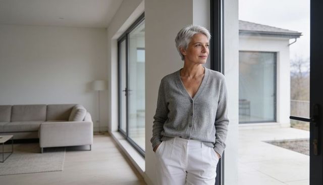 Mature woman standing and looking through glass doors in modern neutral living room