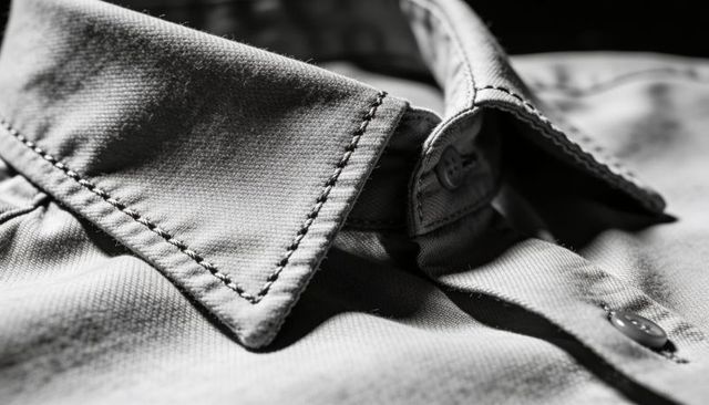 Macro showing stitched collar, button placket and woven texture on monochrome dress shirt