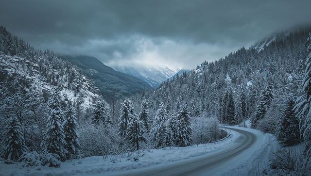 Winding alpine road cutting through snow-covered conifer forest in misty mountain valley at blue hou