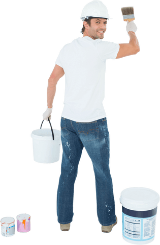 happy painter holding paintbrush with buckets on transparent background - Download Free Stock Videos Pikwizard.com