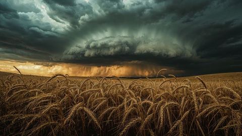 Rotating Supercell Above Wheat Field with Dramatic Skies