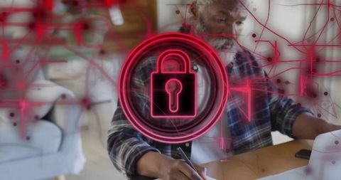 Man working from home with cybersecurity focus background