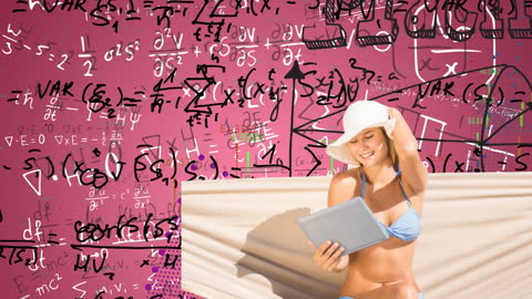 Smiling Woman in Sun Hat Reading with Math Calculations Interface