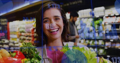 Smiling woman holding fresh produce while shopping with retail analytics overlay