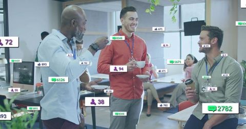 Diverse professionals chatting in modern office with social media engagement overlays