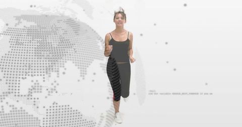 Woman jogging with digital world map dot overlay, fitness cardio motion concept