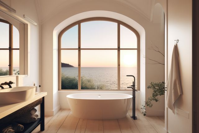 Sunny eclectic bathroom with large window and view to sea, created using generative ai technology. Contemporary bathroom interior design and natural light concept digitally generated image.
