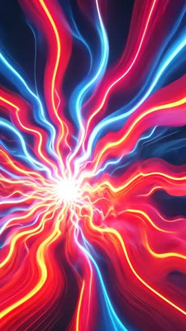 Pulsing Neon Energy Core Sending Red and Blue Tendrils Twisting Through Dark Void