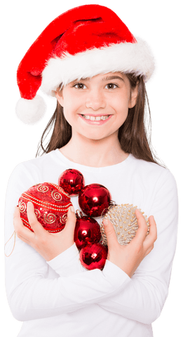 Festive Girl Holding Colorful Christmas Baubles Smiling Transparent Background