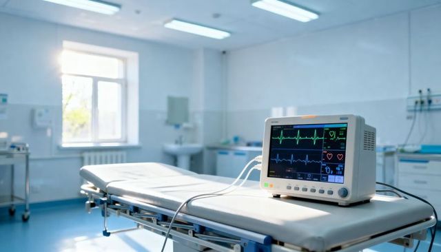 Ekg monitor displaying cardiac waveforms on stretcher in bright sterile hospital room