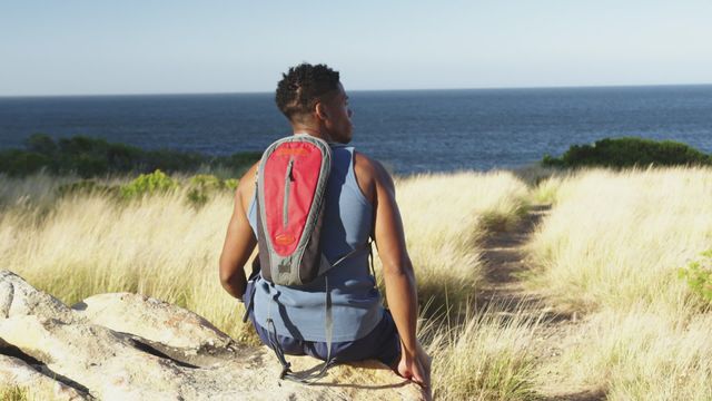 African American man wearing backpack, taking break during coastal hike. Ideal for use in content about outdoor activities, hiking adventures, travel blogs, tourism promotions and promoting healthy lifestyles.