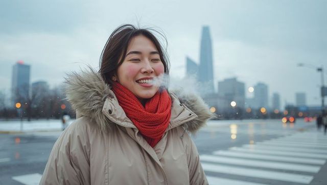 Smiling asian woman wearing beige fur parka and red scarf exhaling breath winter crosswalk