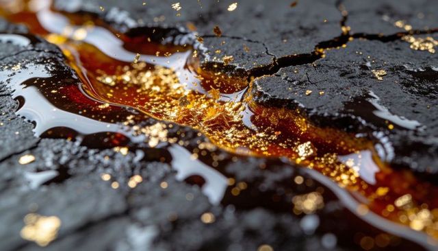 Shimmering amber resin flowing through cracked dark surface with floating gold flakes