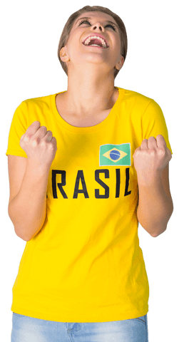 Excited Football Fan Celebrating in Transparent Brazil T-shirt