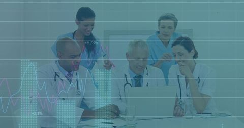 Healthcare Team Analyzing Data with Financial Interface Overlay