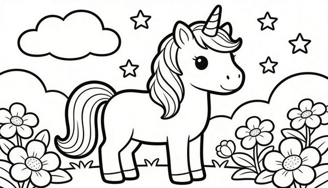 Standing cartoon unicorn with spiraled horn and flowing mane on flower meadow coloring page