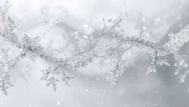 Sparkling twining twig with delicate ice crystals, frozen droplets and soft falling snow