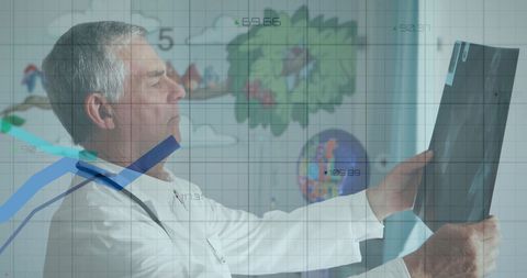 Caucasian Doctor Analyzing X-ray with Data Overlay Visualization