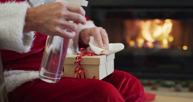 Santa Claus Disinfecting Christmas Gifts by Cozy Fireplace - Download Free Stock Images Pikwizard.com