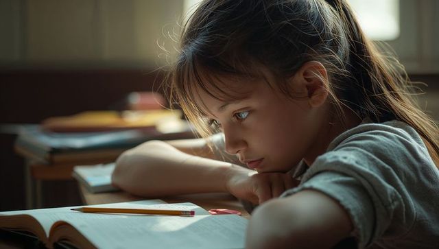 Thoughtful schoolgirl resting on desk studying textbook in sunlit classroom