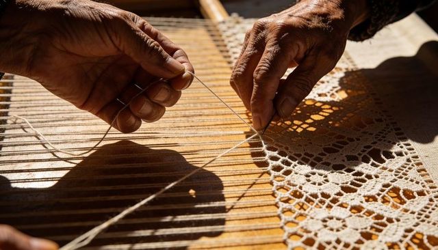 Weaving elder hands guiding thread on wooden loom creating delicate floral lace in sunlight