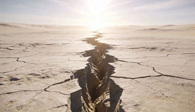 Deep fissure cutting across parched desert plain toward low sunlit horizon