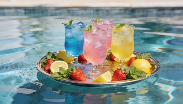 Colorful summer cocktails floating on silver tray in pool at luxury resort with fruit and mint