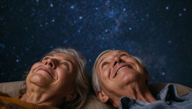 Senior women lying and gazing at starry sky, sharing joyful companionship and wonder