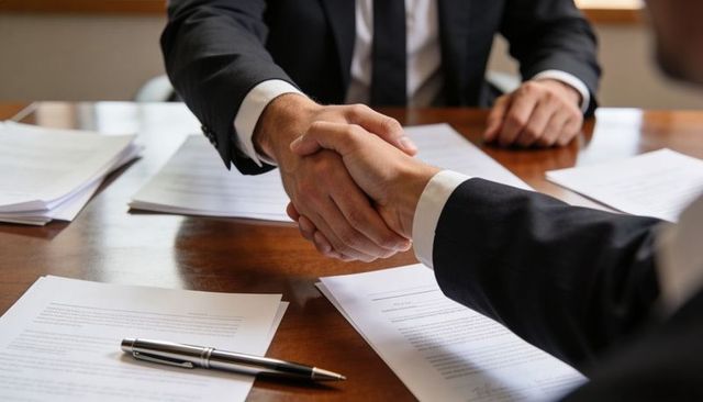 Business partners shaking hands over contract on polished wood table in boardroom