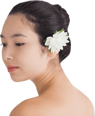 Asian Woman with Flower in Hair on Transparent Background