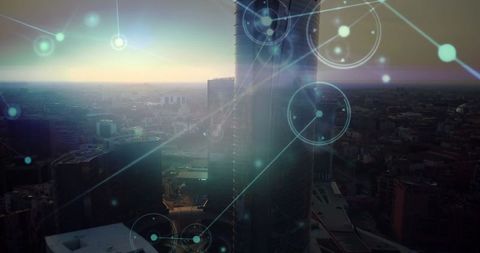 Futuristic Glass Skyscraper with Digital Network Overlay at Dusk