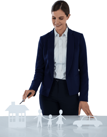Businesswoman with transparent icons of car, family, and house concept