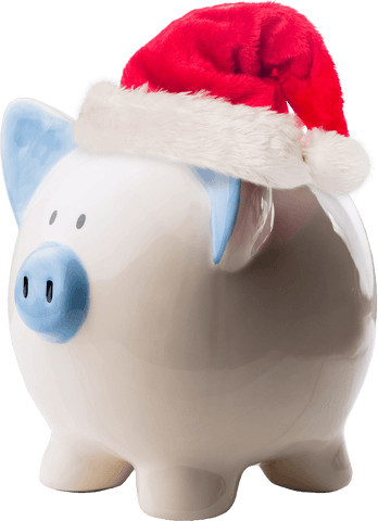 Festive piggy bank wearing santa claus hat on transparent background