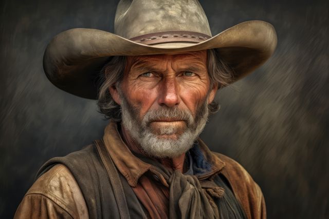 Senior cowboy with intense gaze wearing weathered hat and coat. Perfect for western-themed projects, historical representations, adventure narratives, outdoor lifestyle inspiration, and rugged character studies.