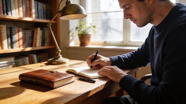 Writer journaling at sunlit wooden desk with leather notebook, brass lamp, cozy workspace