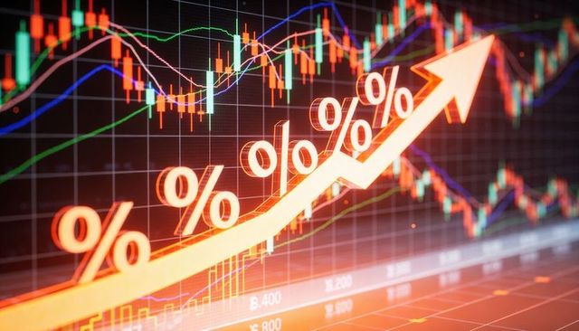 Rising interest rate concept with glowing percent signs and upward arrow on trading chart