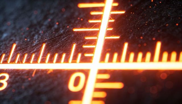 Glowing orange reticle crosshair on rough textured surface macro with neon markings