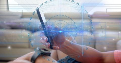 Man Holding Smartphone with Blue Augmented HUD and Smartwatch on Wrist, Minimal Living Room