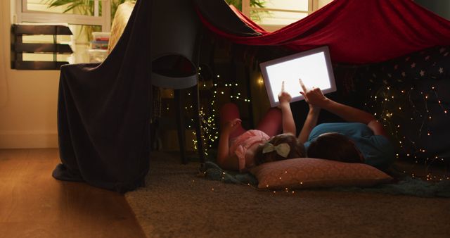 Children Using Tablet Under Blanket Fort at Home - Download Free Stock Images Pikwizard.com