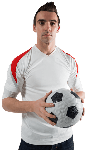 Transparent Young Soccer Enthusiast Holding Ball with Confidence