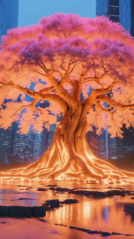 Vertical Futuristic Bioluminescent Tree with Molten Roots Pulsing in Urban Reflective Plaza