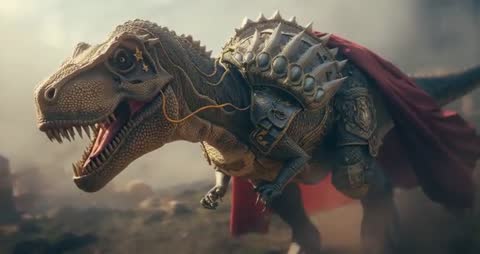 Armored Dinosaur with Red Cape Stalking in Mist