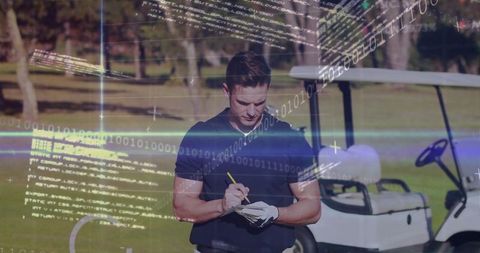 Golfer analyzing strategy with digital interface on fairway