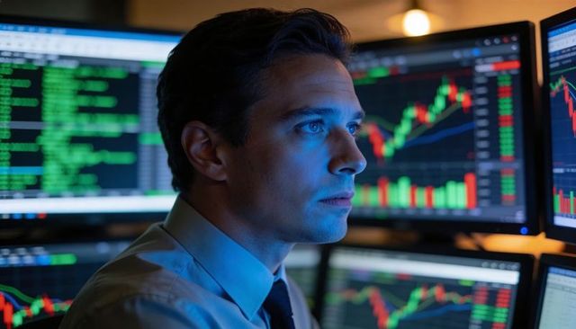 Focused night trader monitoring multi-screen candlestick charts and market analytics